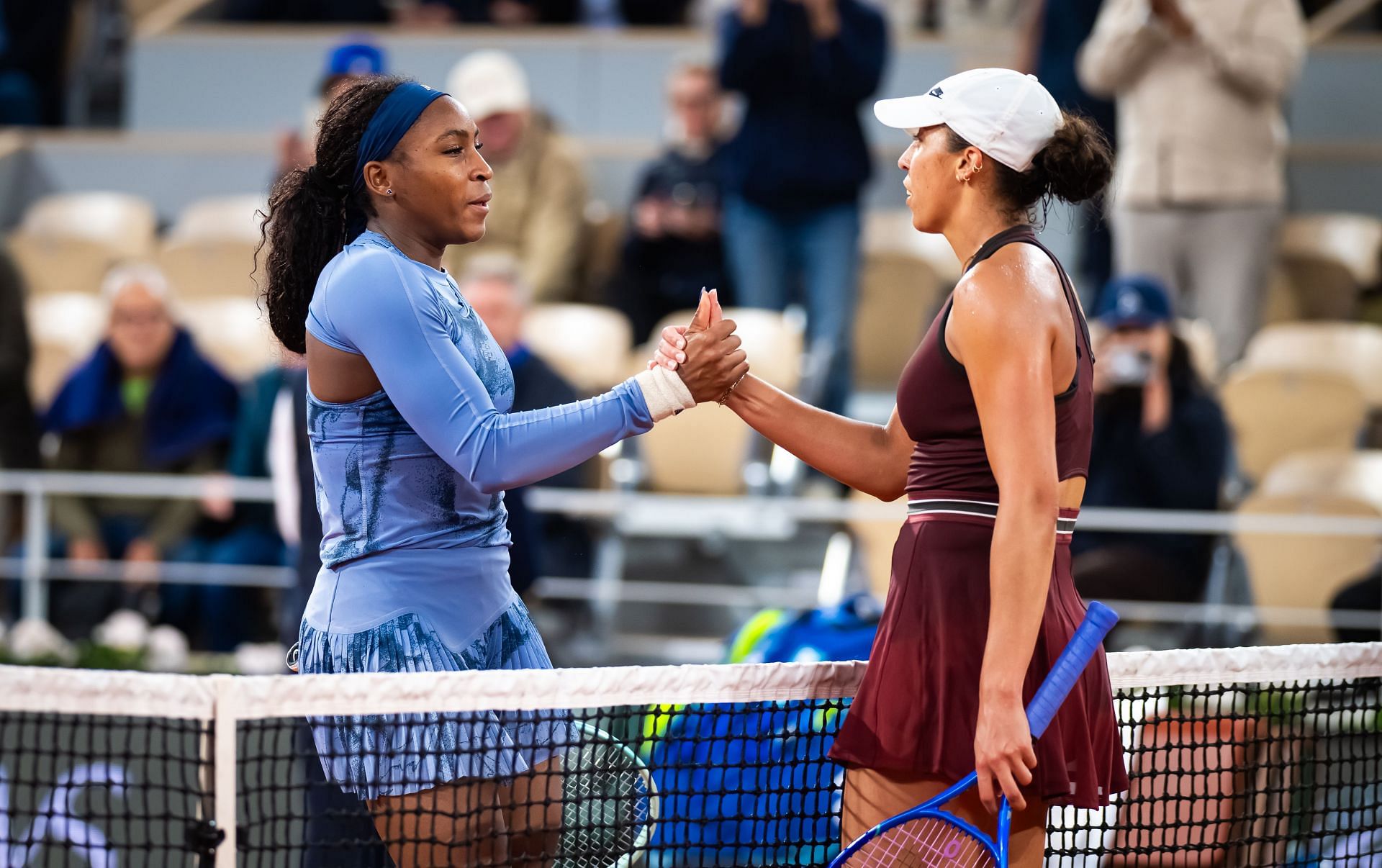 Coco Gauff (left) and Madison Keys (right) after the conclusion of their quarterfinal at the 2025 French Open (Source: Getty)